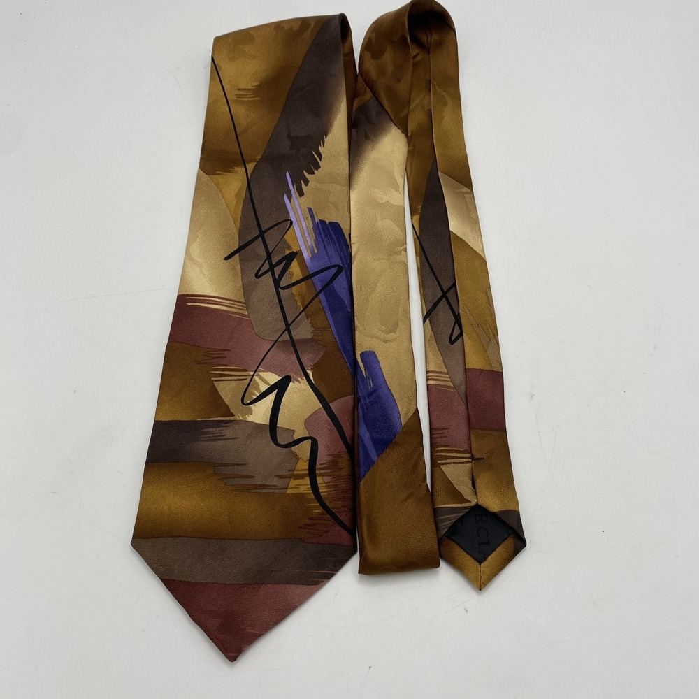 2003 J Garcia Mens Satin 100% Silk Alligator Works Neck Tie‎ Brown Red Gold